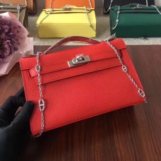 Hermes Mini Kelly 22cm Epsom Leer Rood Zilver Met Kettingriem
