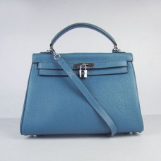 Hermes Kelly 32cm Togo Leren handtas blauw/zilver
