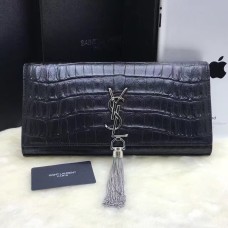 YSL Tassel Clutch 27cm Croco Leer Zwart Zilver
