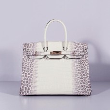 Hermes Birkin 35cm krokodillenleren handtas grijs wit goud