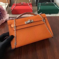 Hermes Mini Kelly 22cm Epsom Leer Oranje Zilver Met Kettingriem