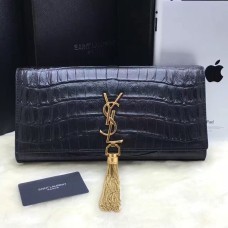 YSL Tassel Clutch 27cm Croco Leer Zwart Goud