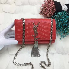 YSL Tassel Chain Bag 17cm Croco Rood Zilver