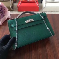 Hermes Mini Kelly 22cm Epsom Leer Groen Zilver Met Kettingriem