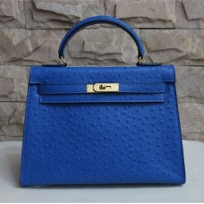 Hermes Kelly 32cm Struisvogel Ader Handtas Blauw Gouden