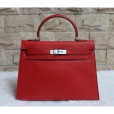 Hermes Kelly 32cm Epsom lederen handtas rood zilver