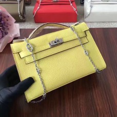 Hermes Mini Kelly 22cm Epsom Leder Geel Zilver Met Kettingriem