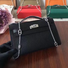 Hermes Mini Kelly 22cm Epsom Leer Zwart Zilver Met Kettingriem