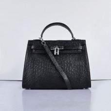 Hermes Kelly 32cm Struisvogelader 6108 Zwart Zilver